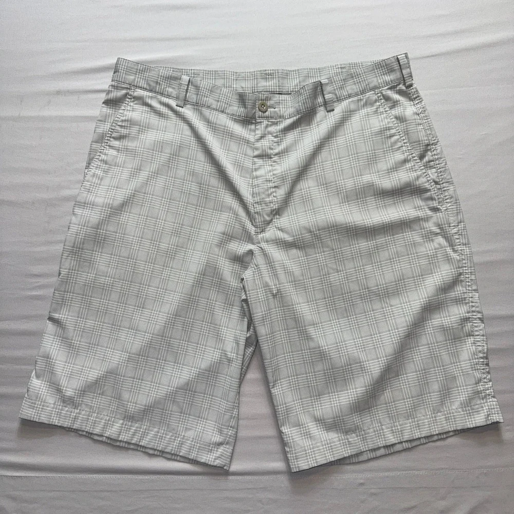 Nike Golf Dri-FIT Shorts Mens 36 Grey White Plaid Performance Flat‎ Front